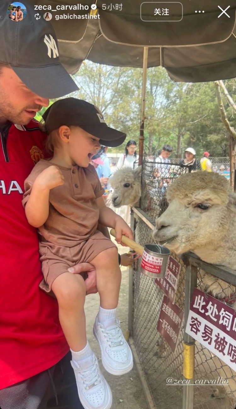 親子時光！泰山外援澤卡更新社媒，帶孩子在動物園玩耍&喂食羊駝