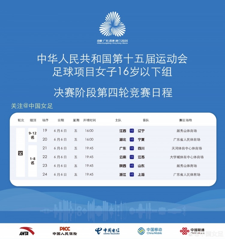 第十五屆全運(yùn)會足球項(xiàng)目女子U16 決賽第四輪賽程更新