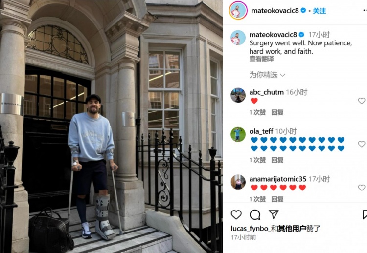 科瓦西奇社媒曬照報平安，順利接受跟腱手術(shù)預(yù)計將傷缺3個月
