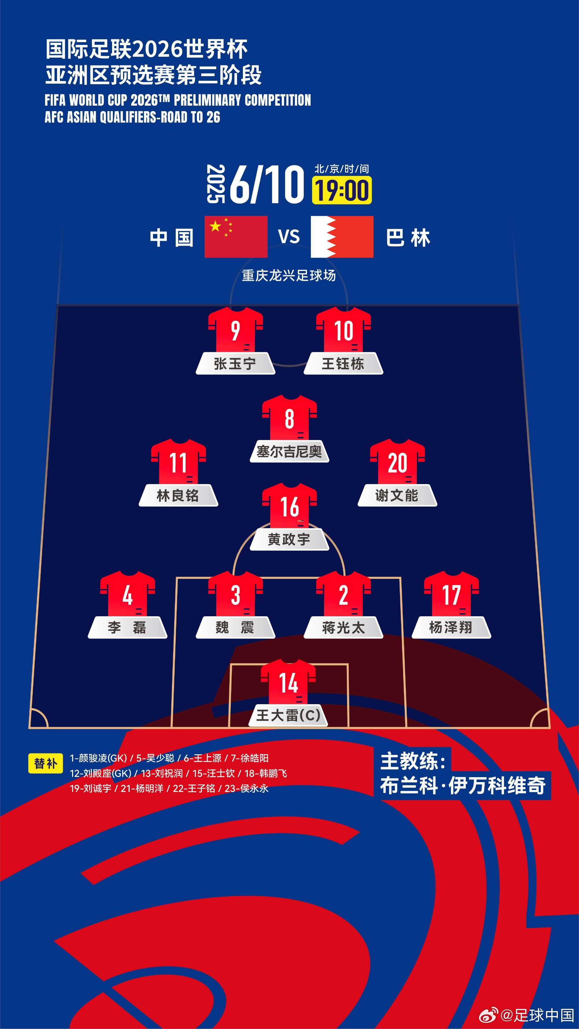 國足首發(fā)陣型：442菱形中場！黃政宇單后腰 王鈺棟、張玉寧雙前鋒