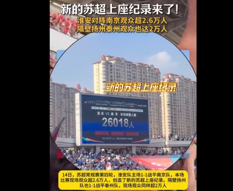 26018人！淮安主場對陣南京，創(chuàng)造蘇超上座人數(shù)紀(jì)錄