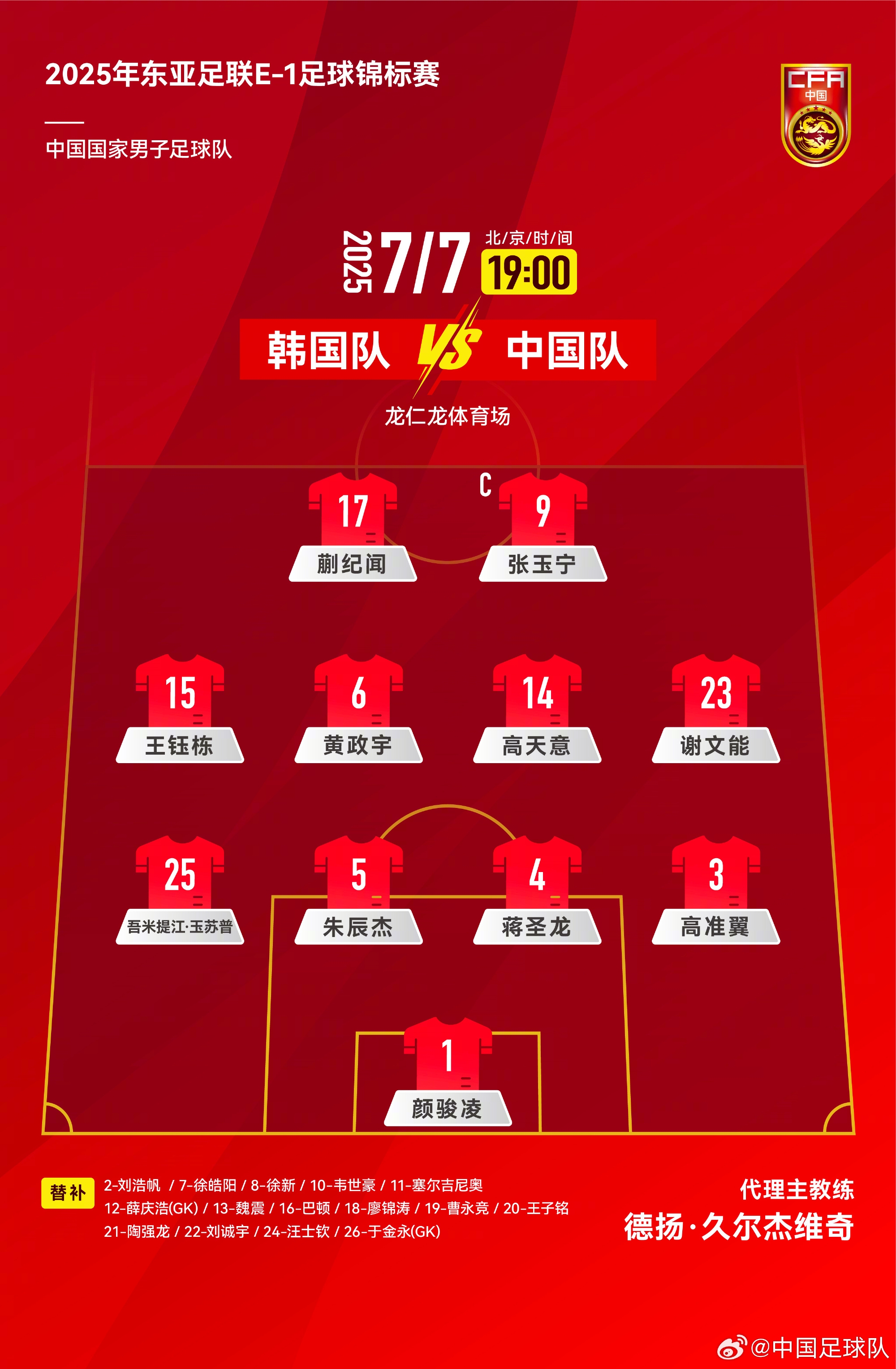 442！國足官方陣型圖：蒯紀聞張玉寧雙前鋒，黃政宇高天意雙后腰