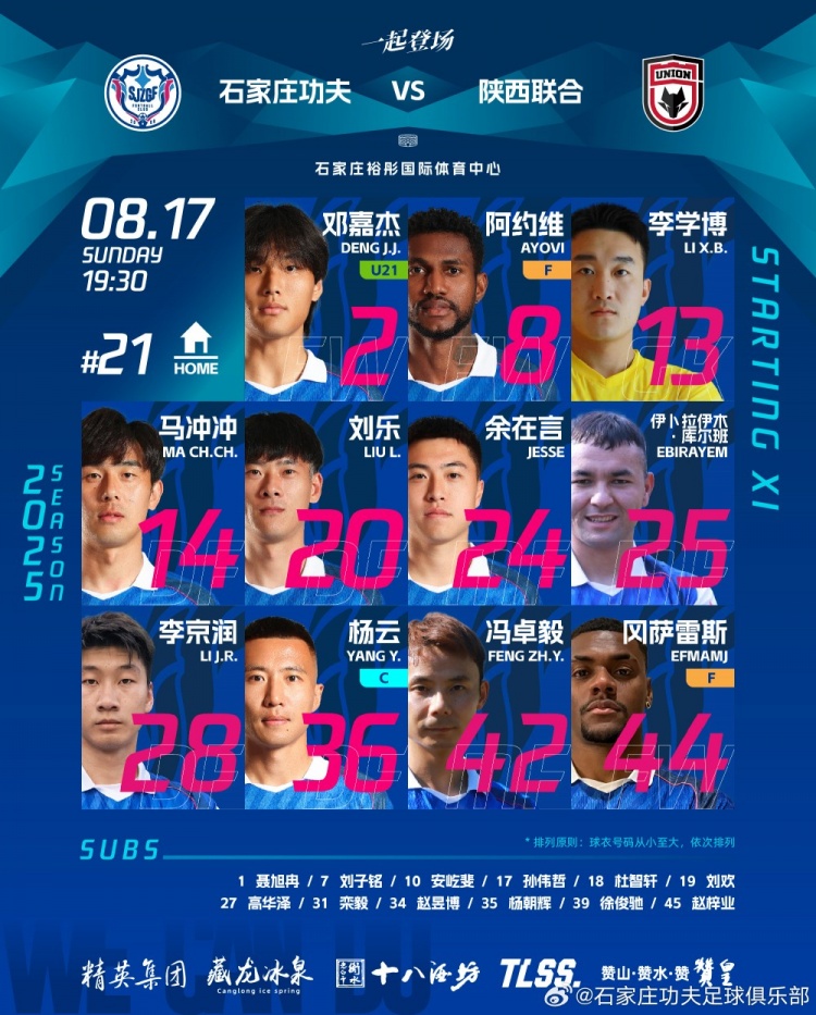 石家莊功夫主場對陣陜西聯(lián)合首發(fā)陣容！李京潤迎來功夫首次首發(fā)