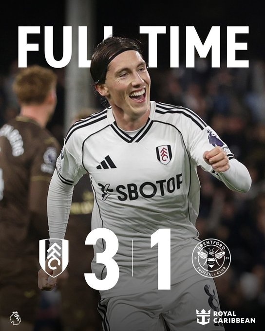 英超富勒姆3-1布倫特福德，伊沃比傳射、哈里-威爾遜破門