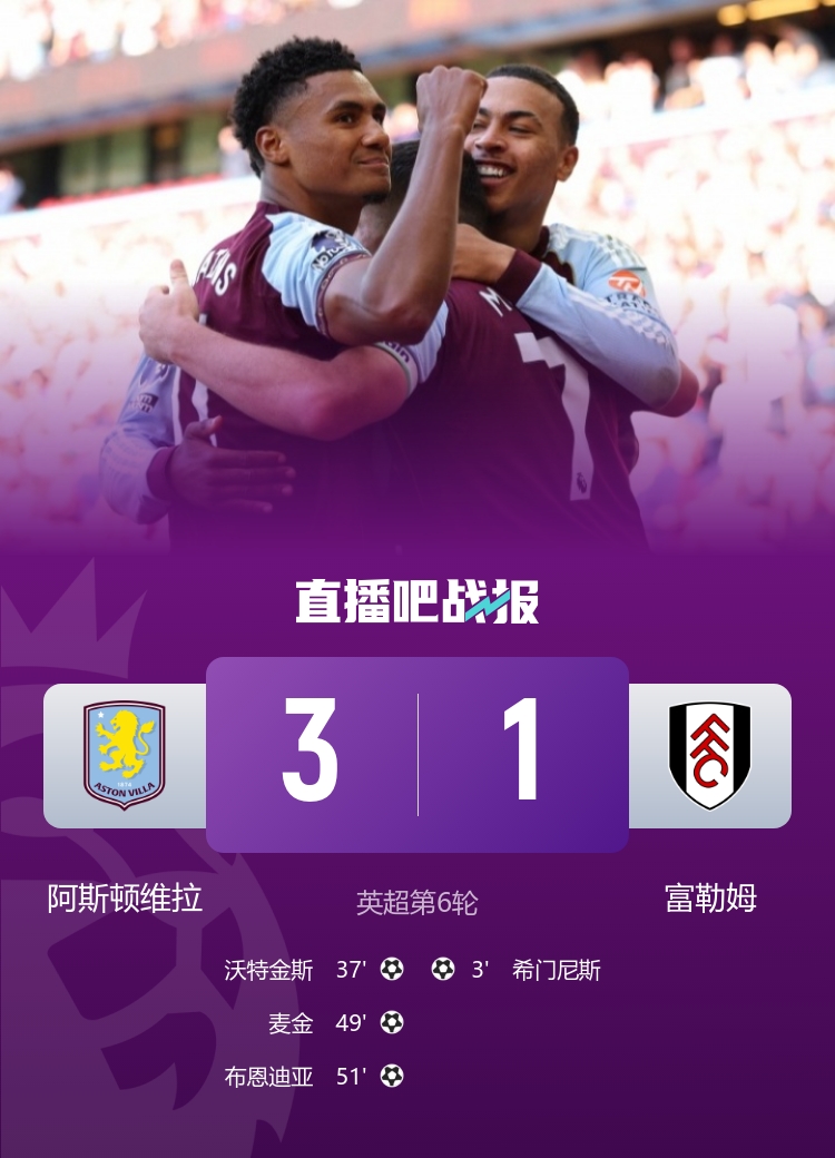 英超首勝！維拉3-1逆轉(zhuǎn)富勒姆 沃特金斯賽季首球卡什手球未判點